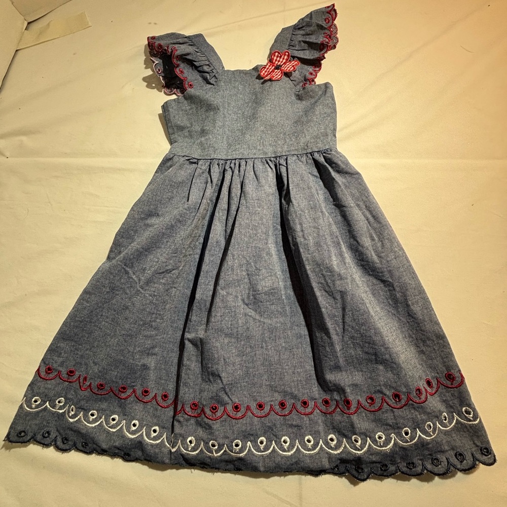 Blueberi Boulevard Girls' Chambray Dress with Red & White Eyelet Trim Sz 7